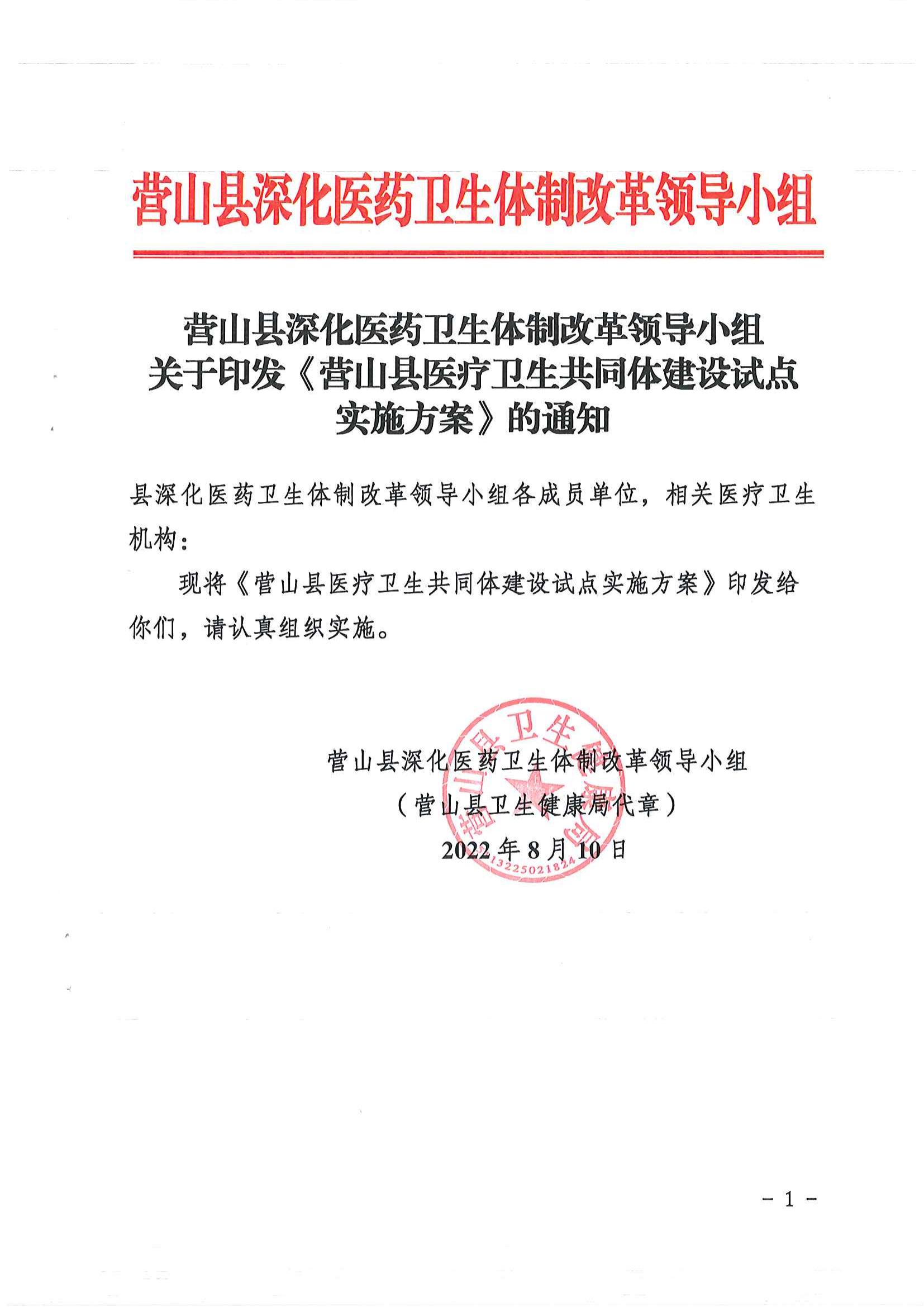 转发营山县深化医疗卫生体制改革领导小组关于印发《营山县医疗卫生共同体建设试点实施方案》的通知