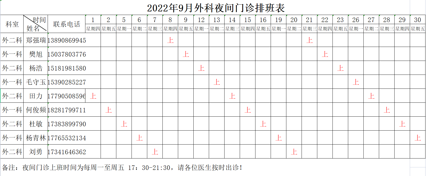 南充市身心医院2022年9月外科夜间门诊排班表